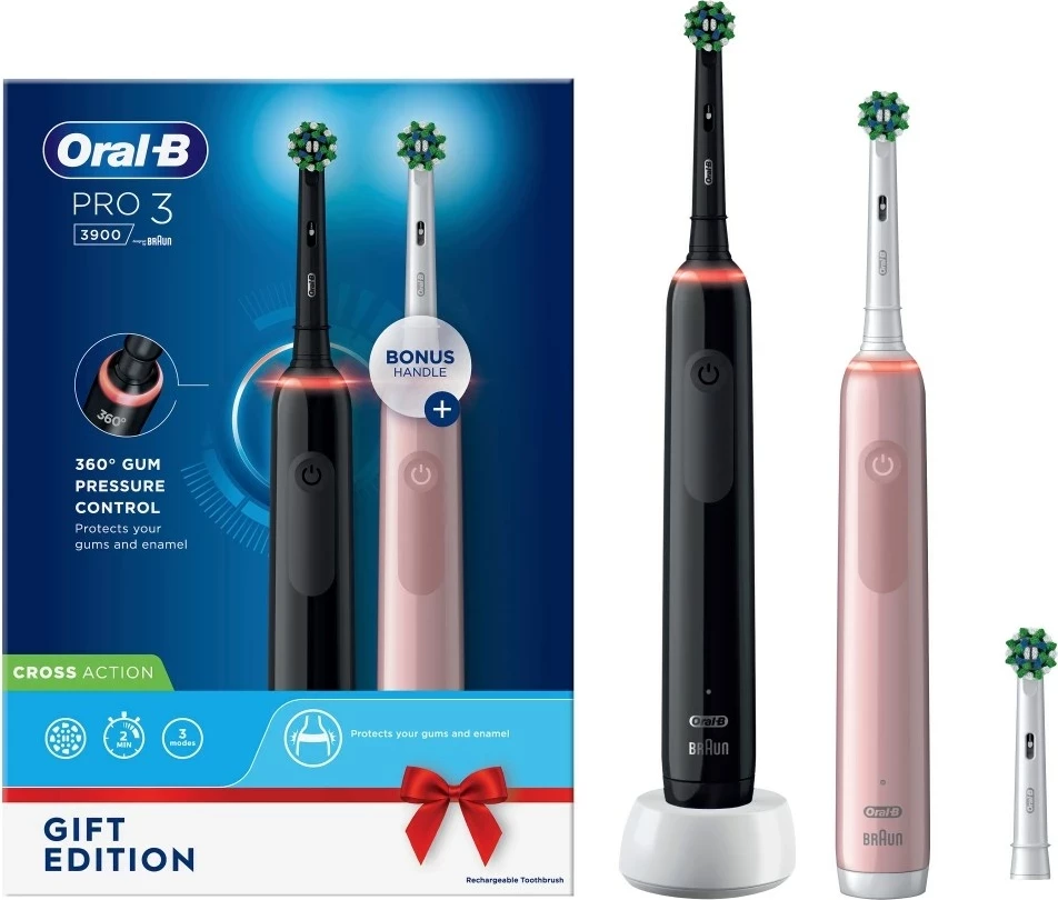Furçë dhëmbësh elektrike Oral-B Pro 3 3900N, për të rritur, Rozë, Set dhuratë