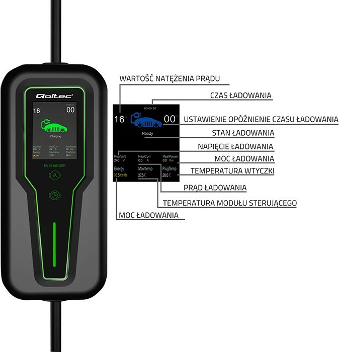 Karikues portativ për makina elektrike Qoltec 52466, 7kW, Type 2, LCD, 5m, i zi/gjelbër