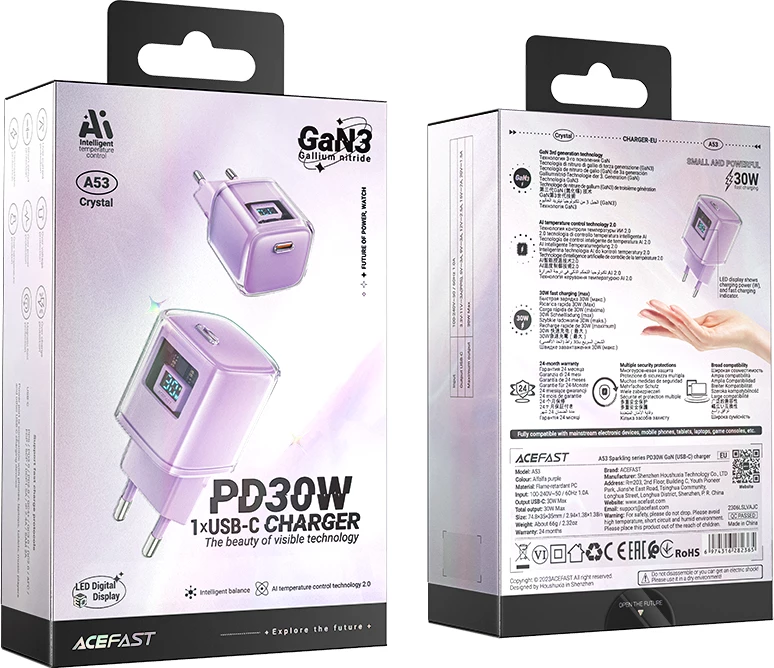 Karikues muri Acefast A53, 30W, GaN, USB-C, me ekran LED, vjollcë