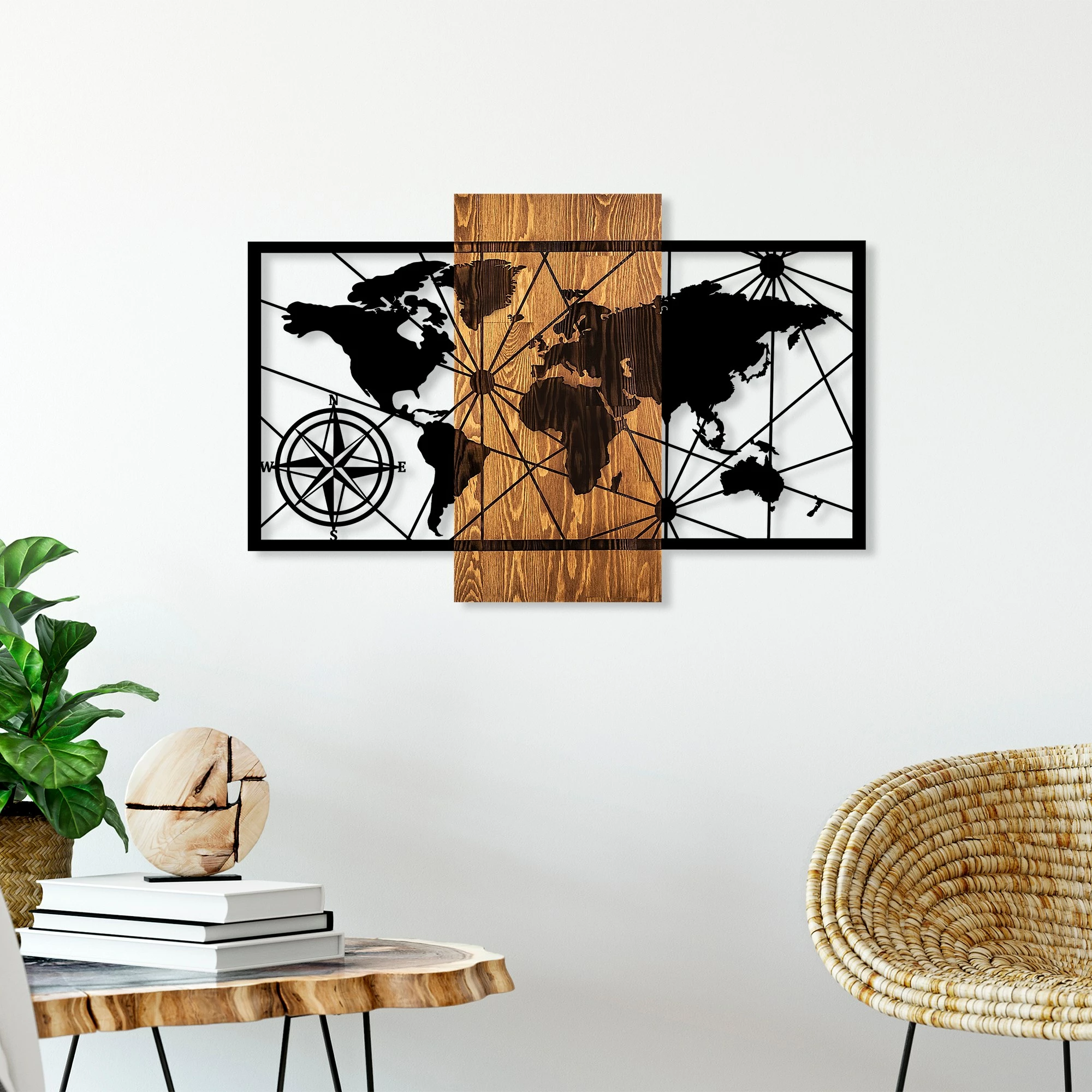 Aksesor dekorativ muri prej druri, hartë bote Wallity, 3-M, ngjyrë arre dhe e zezë, 57x84cm