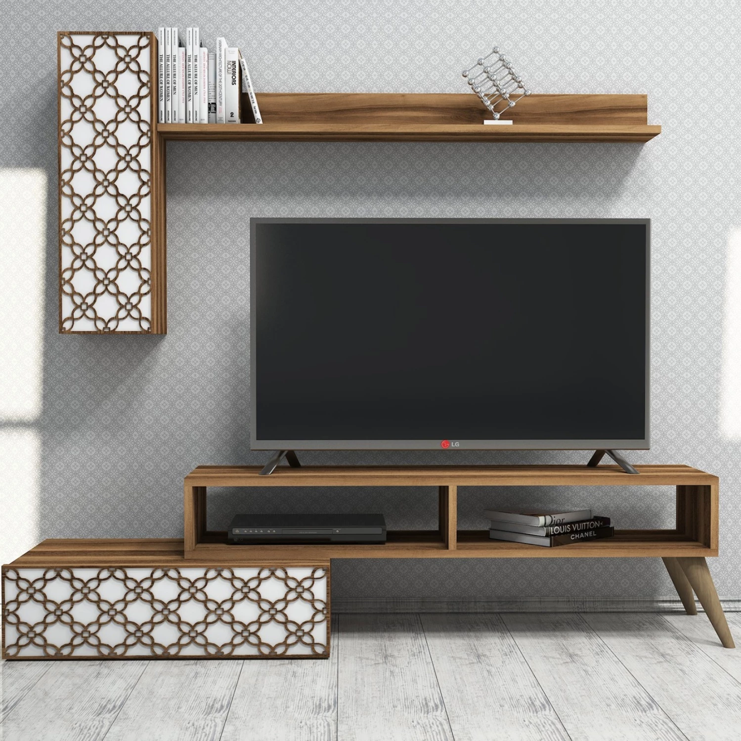Set mobiljesh për TV, ngjyrë arre dhe e bardhë, FH9518.04, 150x37.2x37.8H cm