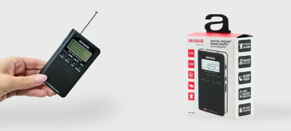 Radio portative Aiwa RSD-45/BK AM/FM stereo me DSP, alarm, LCD me ndriçim, me Kufje + 3x AAA, e zezë