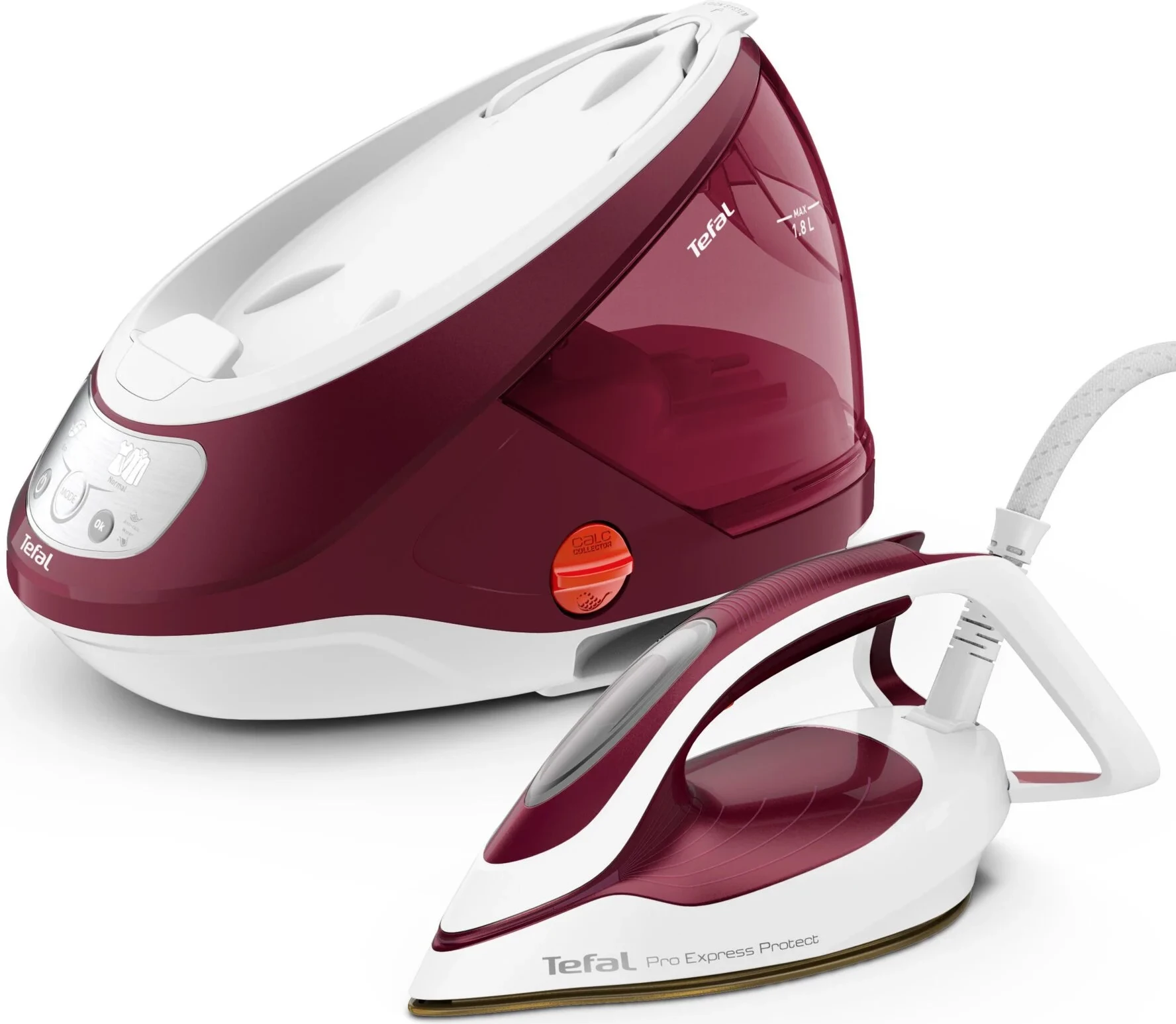 Hekur me stacion avulli, Tefal, GV9220E0, 2600W, 7.5 bar, depozitë 1.8 L, bardhë/kuqe
