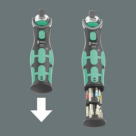 Set veglash Wera 8009 Zyklop Pocket 4, 1/4", me kasë, e zezë/e gjelbër