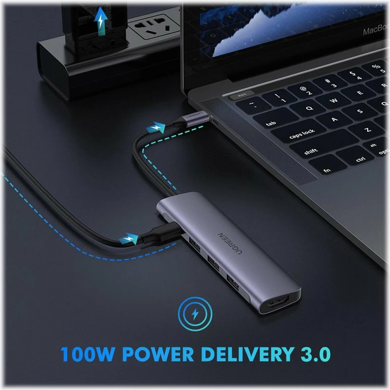 USB Hub Ugreen 50209, USB Type-C në HDMI 4K + 3x USB 3.0 + PD 100W, Argjend