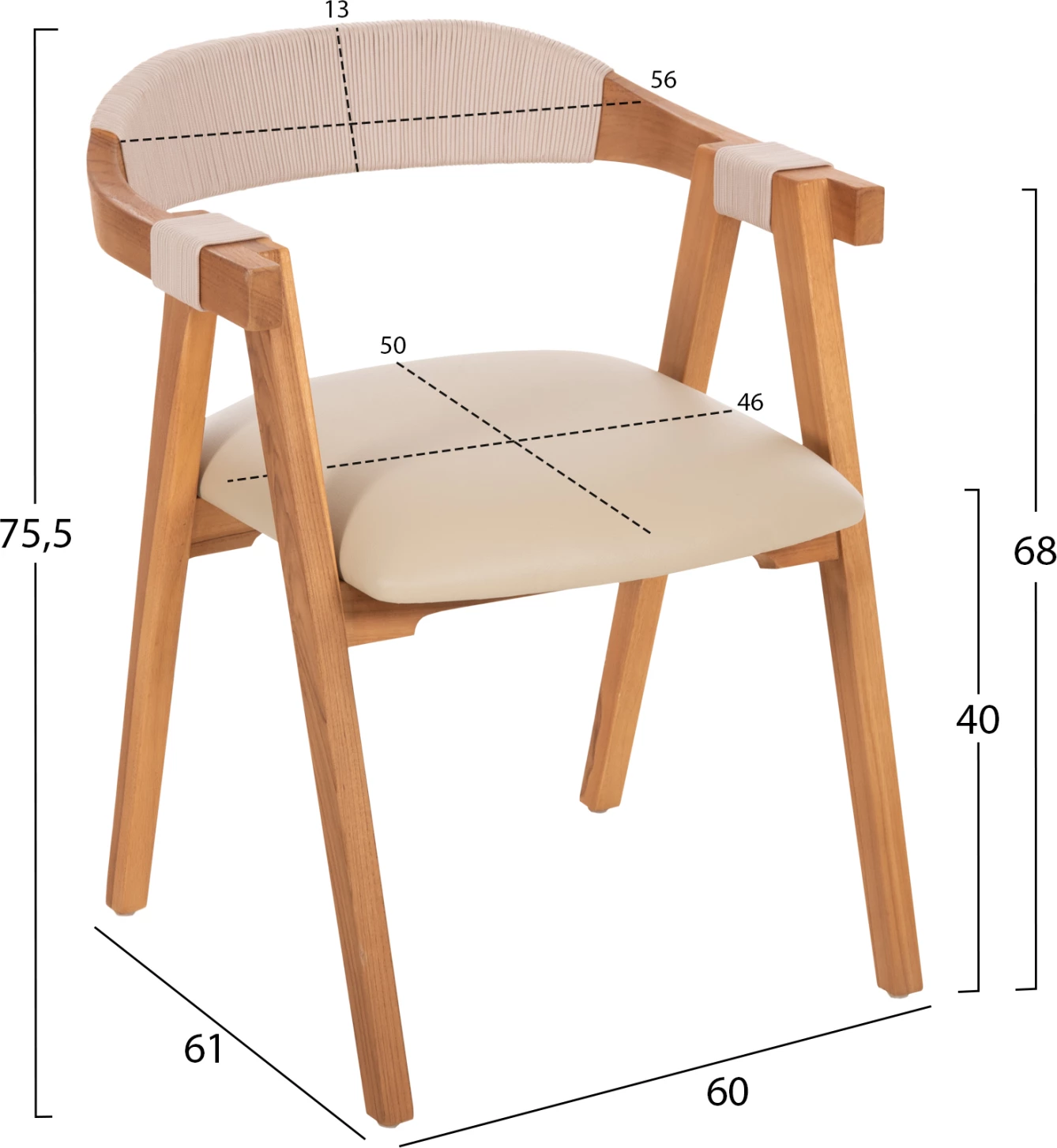 Karrige ngrënieje RIMINI FH9867.07 dru TEAK natyral-bezhë litar & vend PU 60x61x75.5H cm