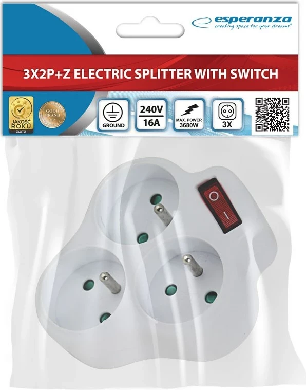 Shpërndarës elektrik Esperanza ELK304W, 3 dalje, me ndërprerës, Bardhë