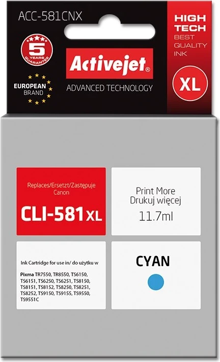 Toner zëvendësues Activejet ACC-581CNX për printer Canon, 11.7ml, i kaltër