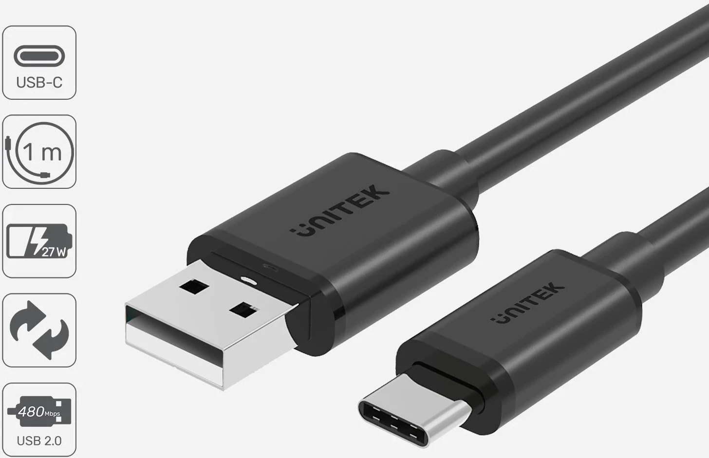 Kabllo  Unitek USB-A /C 2.0, 480 Mbps 1m, e zezë