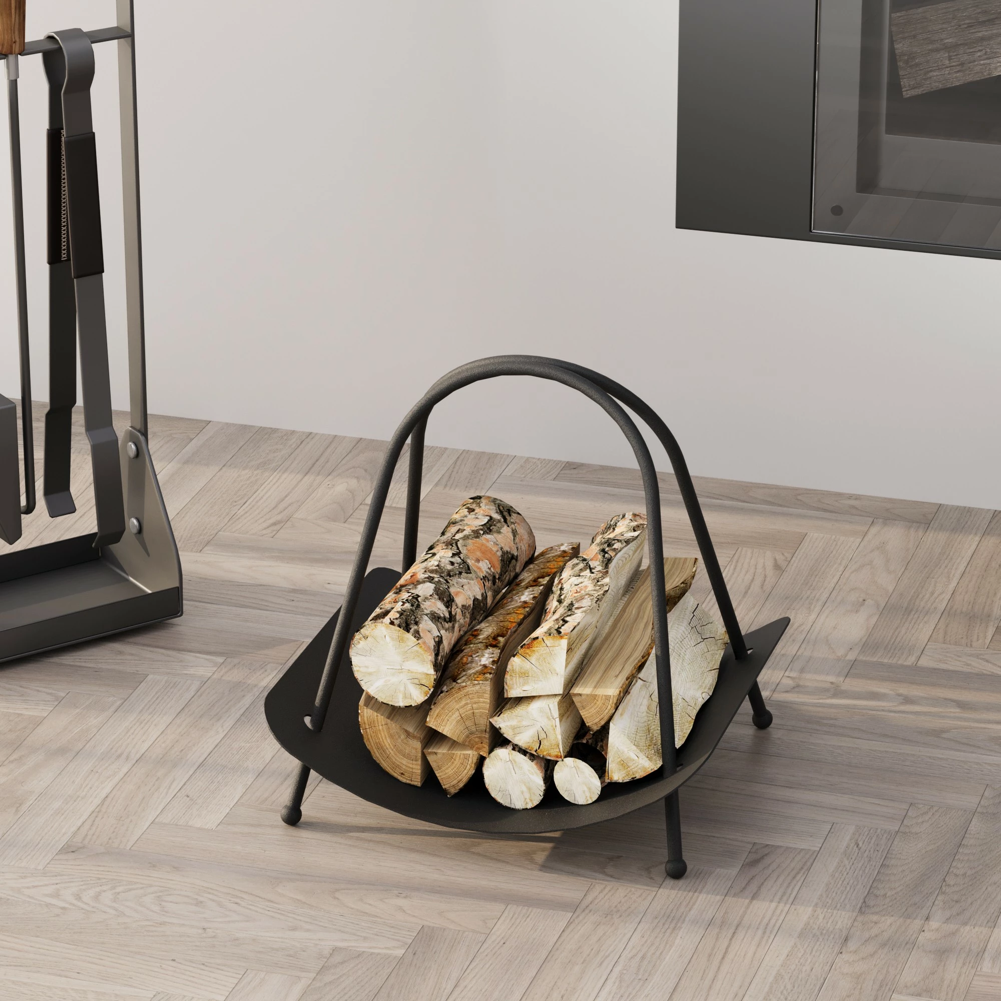 Aksesor dekorativ metalik për dru zjarri, dizajn Aberto, GED-017, ngjyrë e zezë