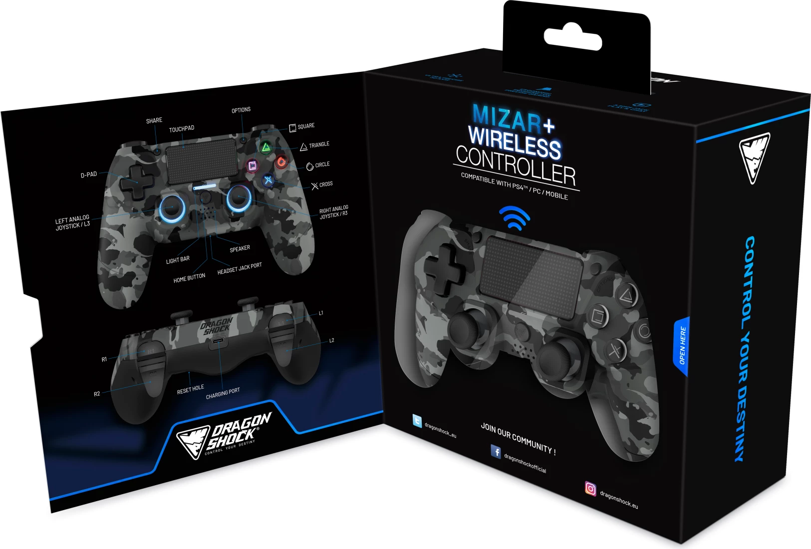 Kontroller wireless DragonShock MIZAR+ për PS4/PC/Mobile, Hall-Effect, gri camo