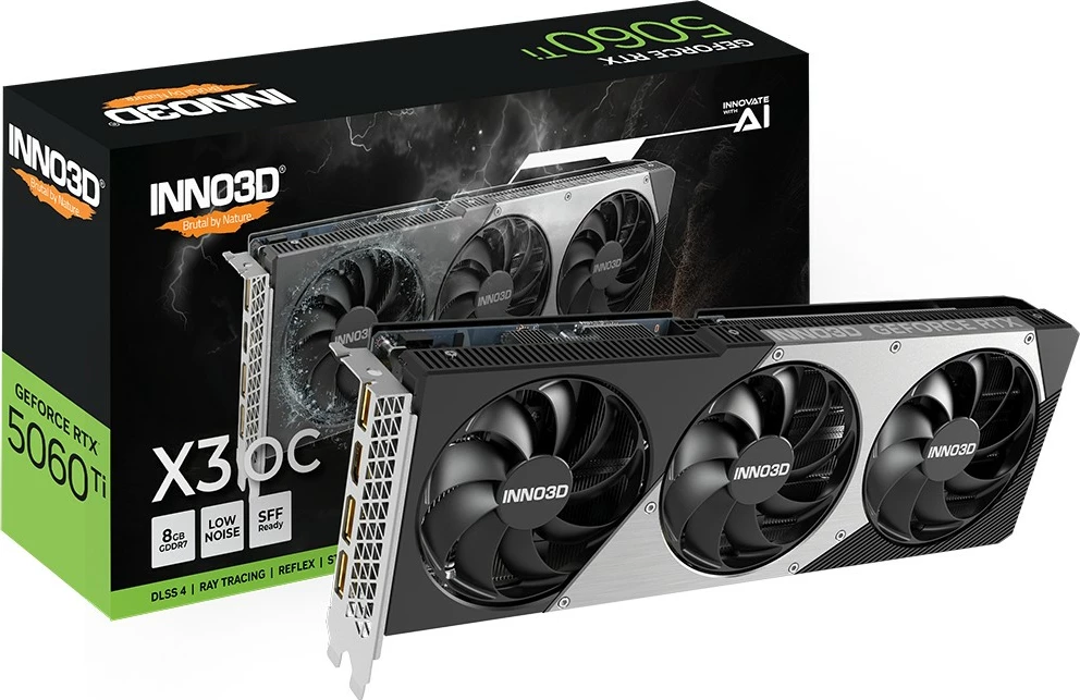 Kartelë grafike Inno3D RTX 5060 Ti Twin X3 OC, 8GB GDDR7, 3 fan, e zezë/gri
