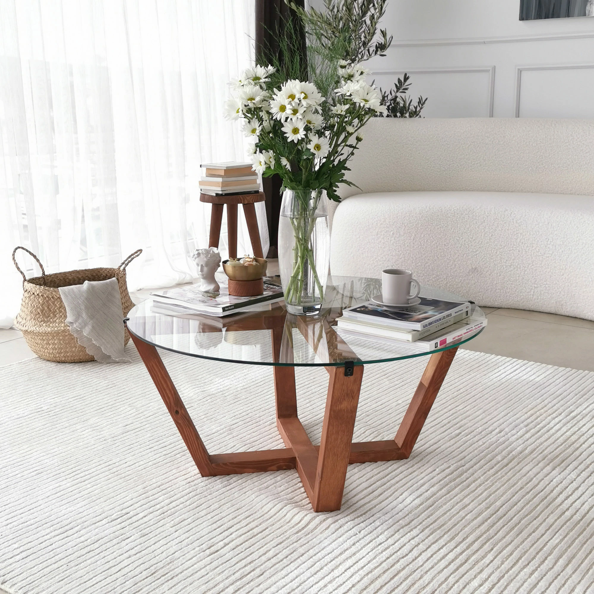 Tavolinë kafeje Hanah Home, Lotus, ngjyrë druri, xham i temperuar, 75x35x75cm