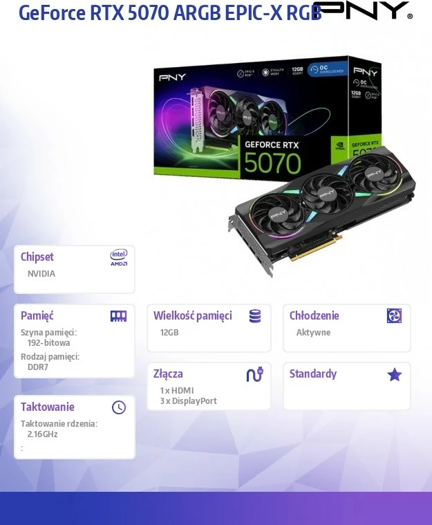 Kartelë grafike PNY GeForce RTX 5070 ARGB EPIC-X RGB, 12GB DDR7, PCI-E 5.0, e zezë