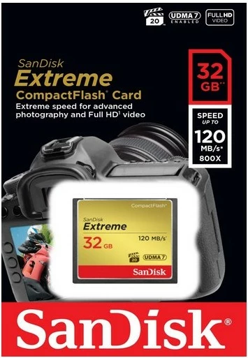 Kartelë SanDisk Extreme 32GB, CompactFlash, 120 MB/s, e zezë, e artë, e kuqe
