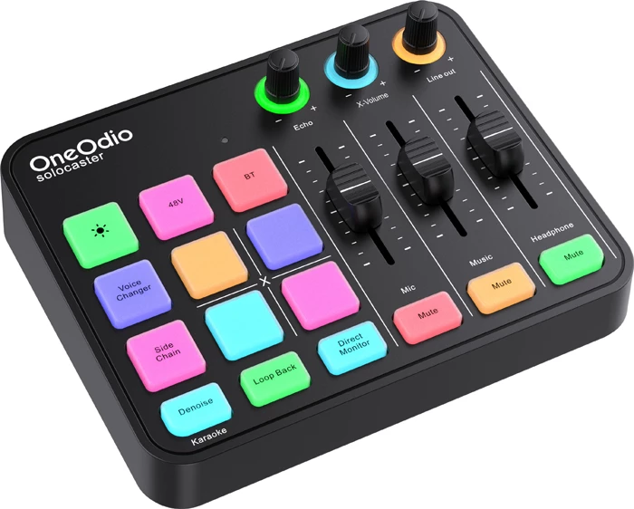 Mikser audio me kartë zanore USB-C OneOdio Solocaster, 24-bit/48kHz, 48V phantom, RGB, e zezë, set