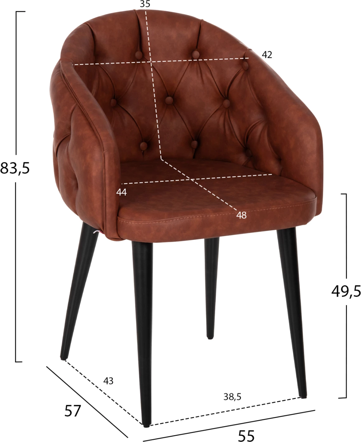 Fotel Loretta, lëkurë PU ngjyrë kafe e çelët, këmbë druri të zeza, FH9271.53, 53x60x82H cm