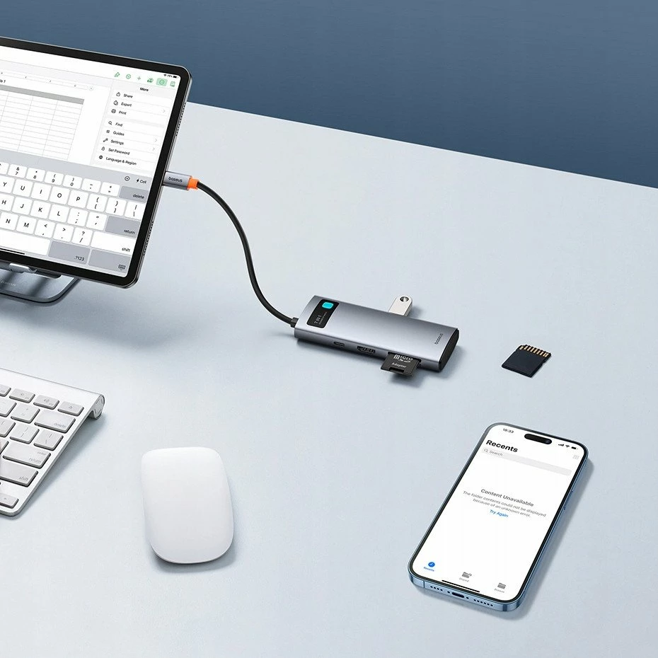 Hub USB-C Baseus Metal Gleam 7n1, HDMI 4K@60Hz, 3x USB 3.0, USB-C PD 100W, SD/microSD, gri