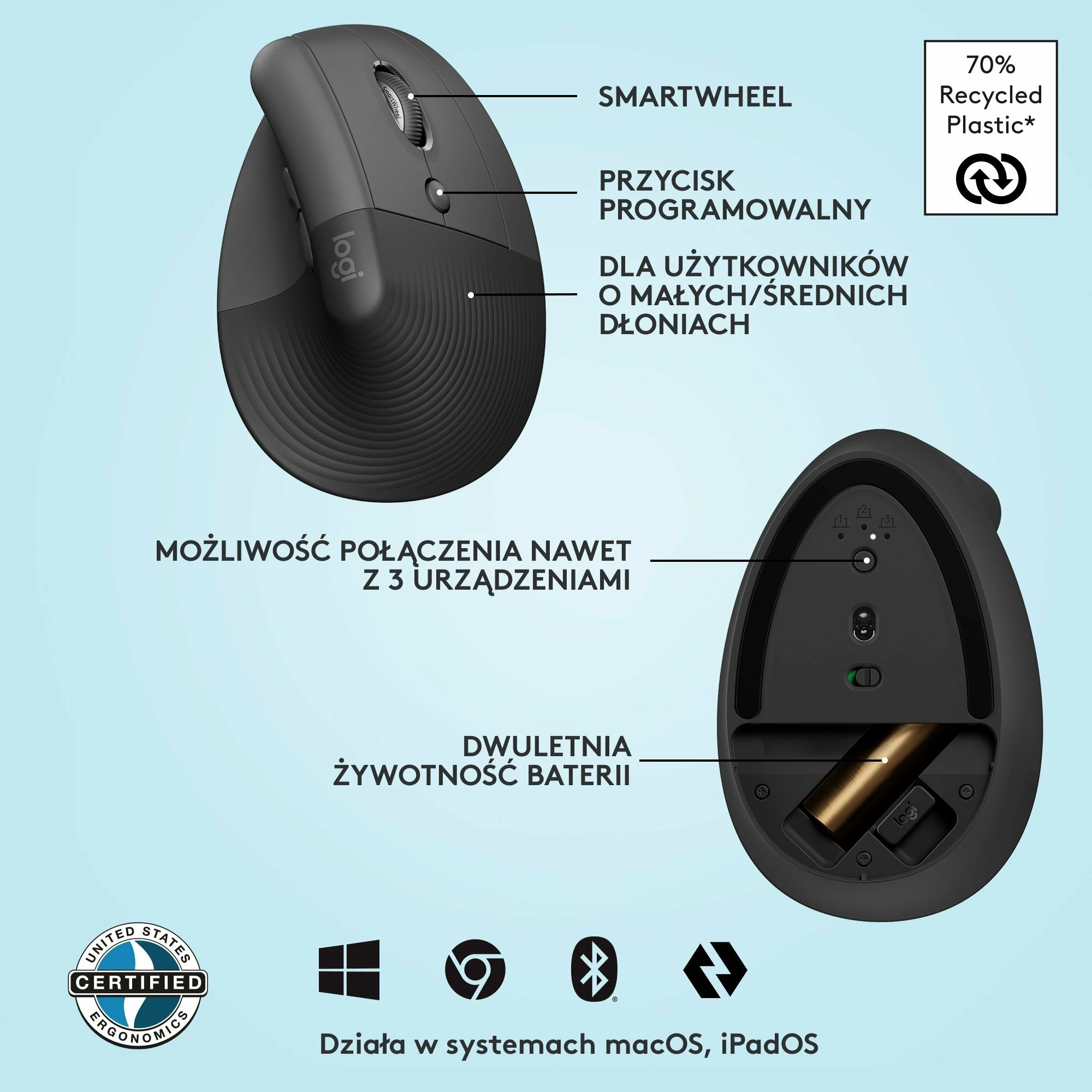 Maus Logitech Lift 910-006473, wireless vertikal ergonomik, 4000 DPI, Bluetooth/USB, Graphite