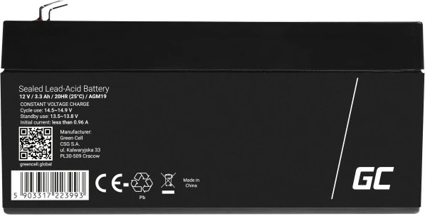 Bateri AGM, Green Cell, AGM19, 12V 3.3Ah, e zezë