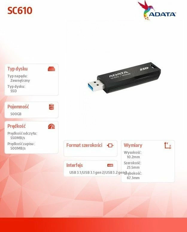 Memorie USB ADATA SC610 500GB USB 3.2 Gen 2, e zezë