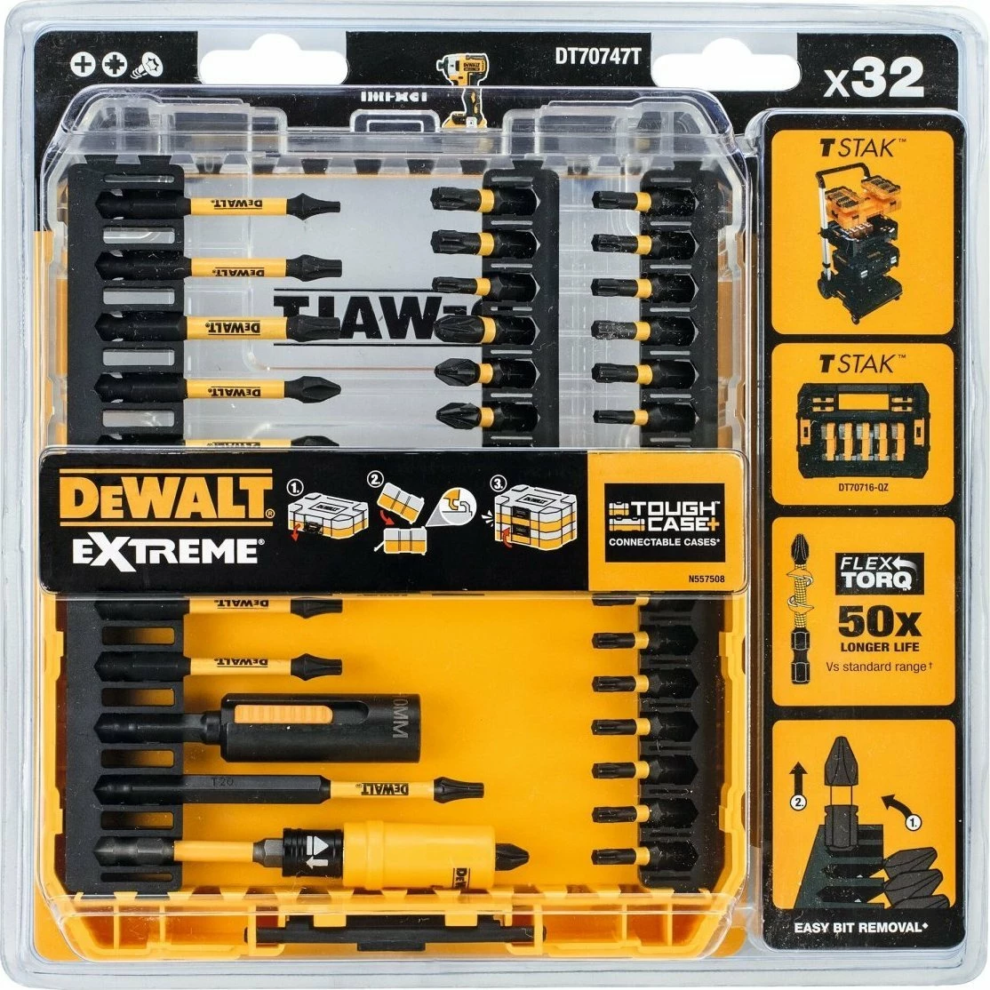 Set bitash impakti DeWalt DT70747T FlexTORQ 32 copë, verdhë/zezë