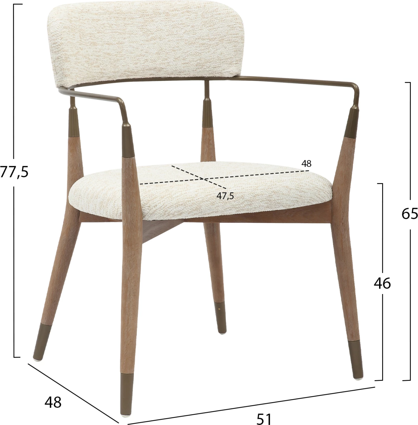 Karrige për ngrënie ROY FH9978.01, këmbë druri ahu, krahë metali, pëlhurë ngjyrë ecru, 51x48x77,5H cm, set prej 2 copash