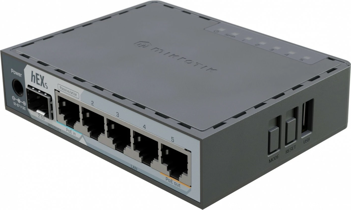 Router, MikroTik, hEX S E60iUGS, 5x Gigabit Ethernet me PoE-in/PoE-out, SFP 2.5G, gri