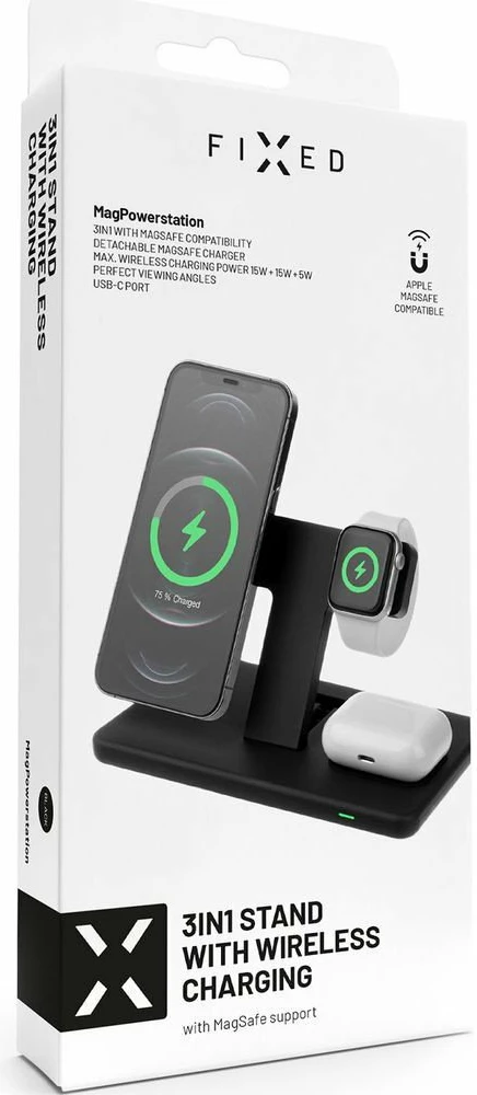 Stacion karikimi pa kabllo Fixed MagPowerstation FIXMPOS-BK 3-në-1 15W MagSafe/Qi, e zezë