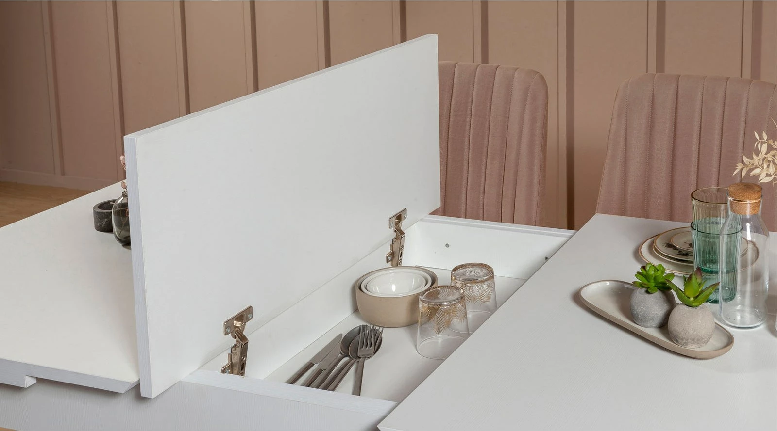 Tavolinë me karrige të zgjatshme Hanah Home, Vina, ngjyrë e bardhë dhe gur, 5 copë