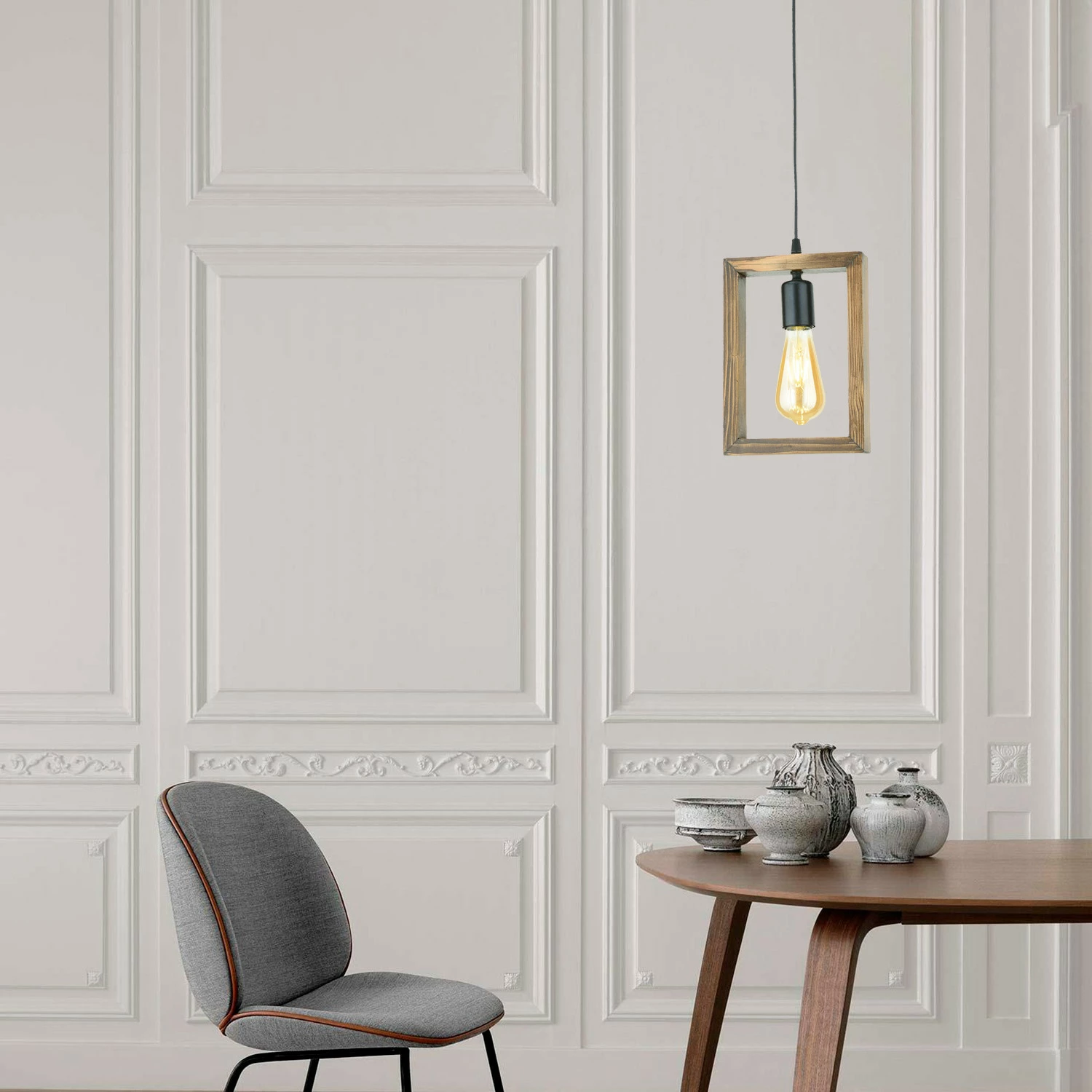 Llambë tavani Opviq, dizajn gjeometrik, dru ahu, ngjyrë arre dhe e zezë