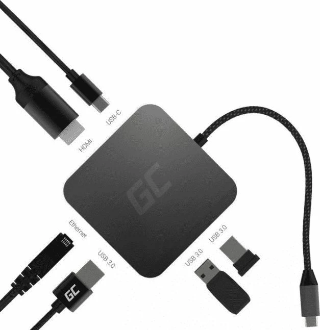 Stacion/replikator USB-C Green Cell AK61 6-në-1 (3x USB 3.0, HDMI, LAN Gigabit, USB-C PD), argjendtë