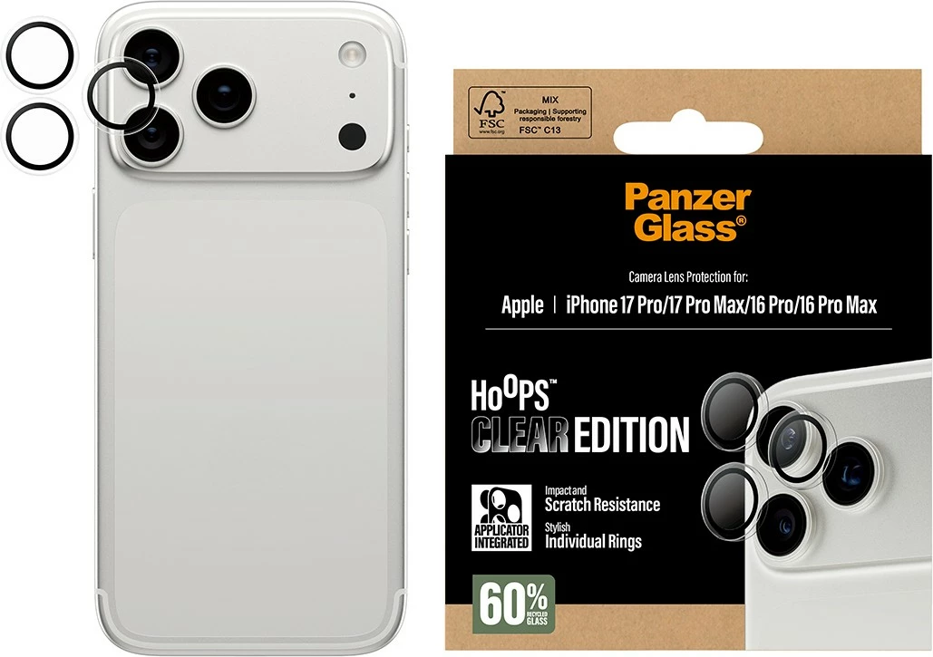 Mbështjellës kamerash PanzerGlass Hoops për iPhone 17 Pro/Pro Max/16 Pro/Pro Max, transparent