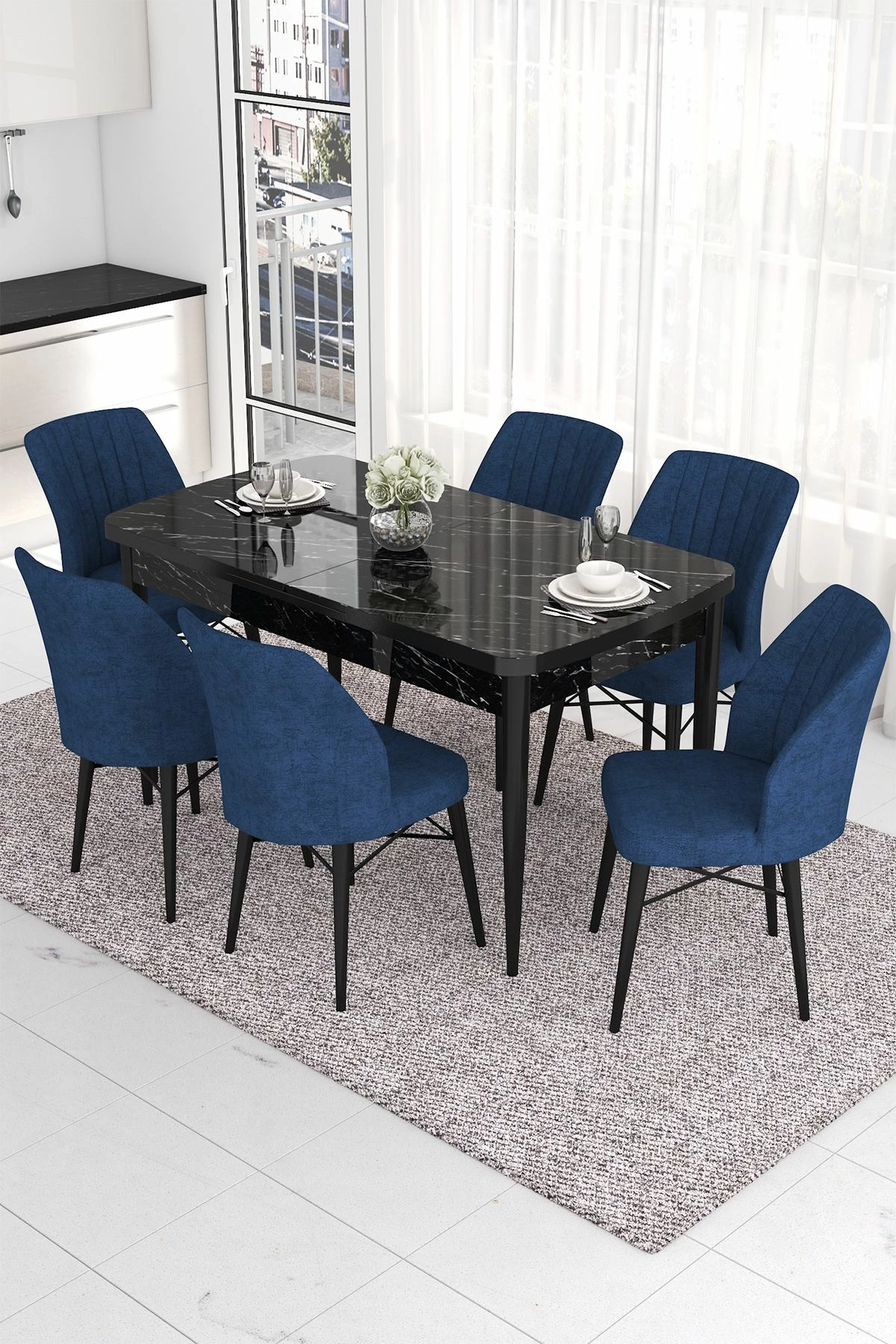 Tavolinë me karrige për ngrënie, e zgjatshme, 7 copë, ngjyrë mermeri të zi, karrige blu të errët, Skye Decor, Eva