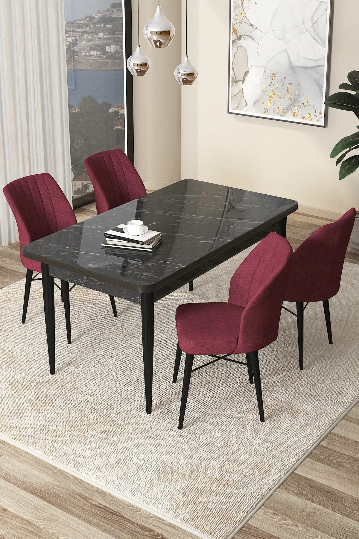 Tavolinë me karrige, 5 copë, Skye Decor, mermer i zi, karrige burgundy