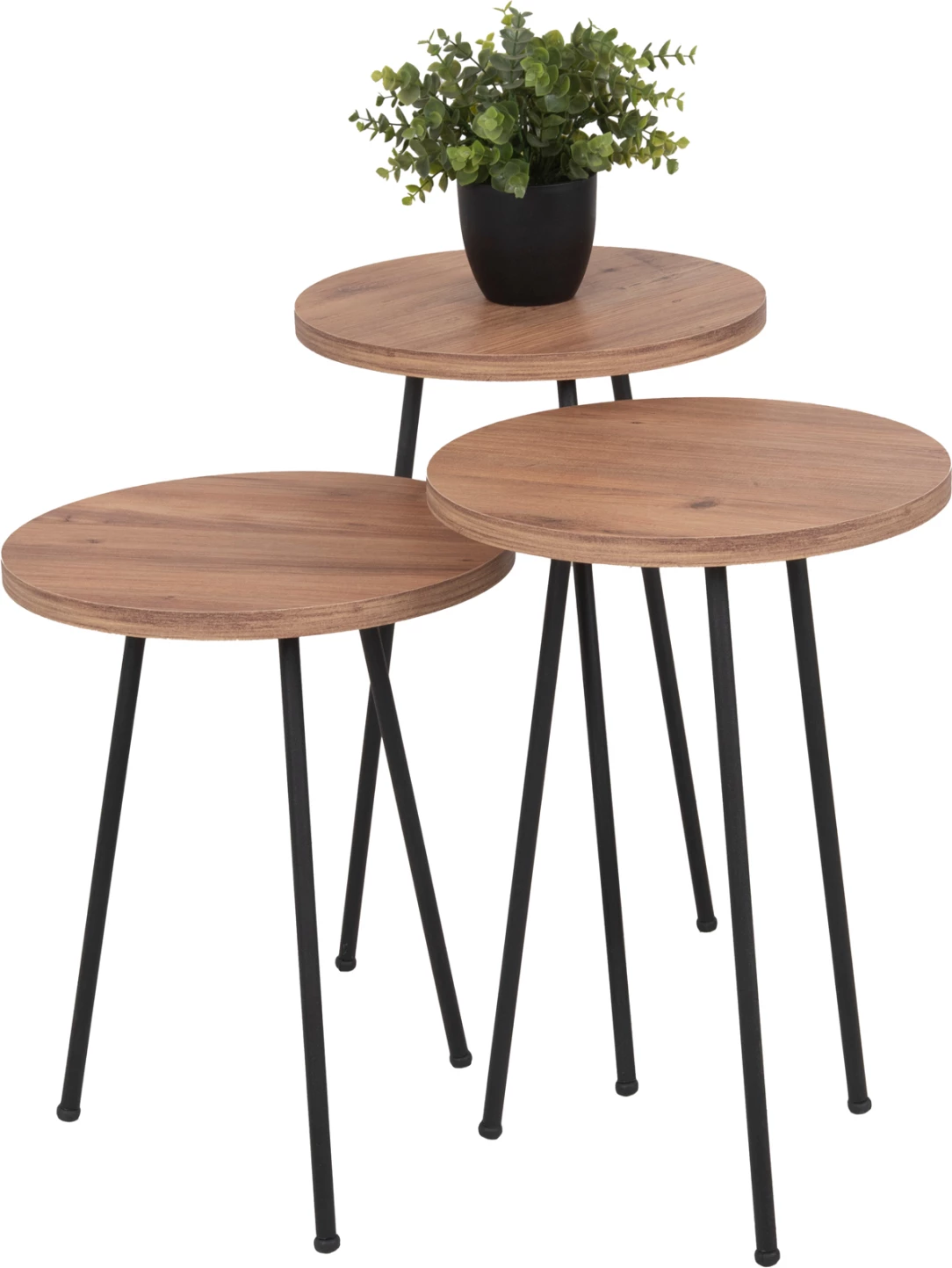 Set tavolina anësore të rrumbullakëta KISSA FH18174.04 melaminë ngjyrë druri natyral-këmbë metali të zeza