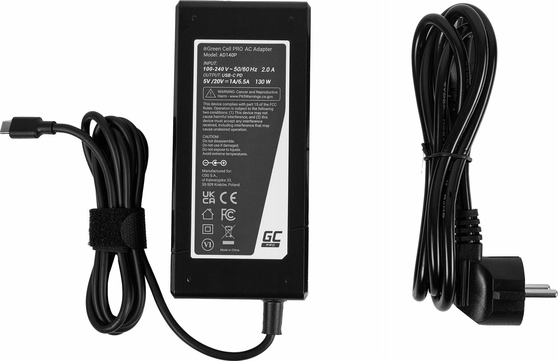 Karikues laptopi Green Cell PRO AD140P 130W 20V USB-C, kabllo 3m