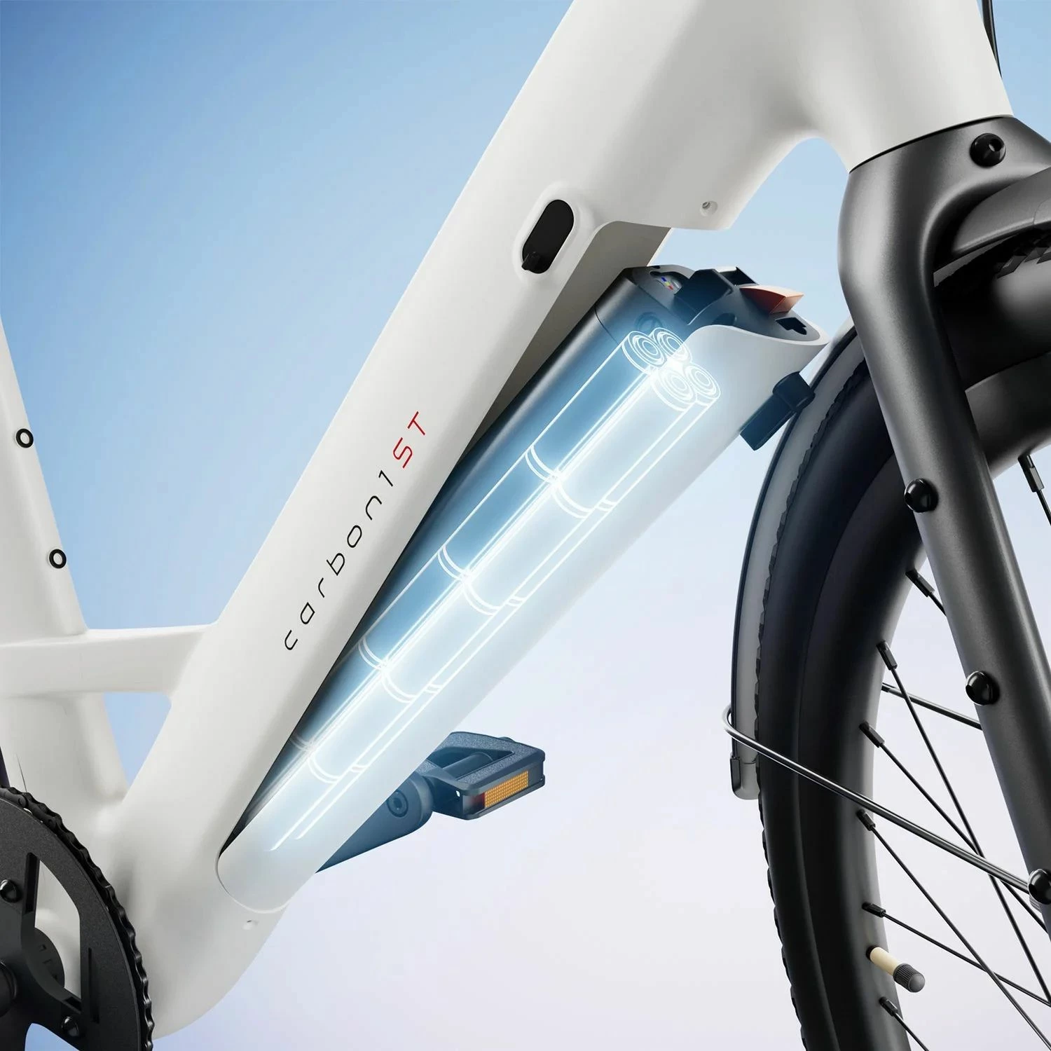 Biçikletë elektrike Urtopia Carbon 1 ST Step-Thru, madhësi M (155–185 cm), kornizë karbon, motor 250W, bateri 352.8 Wh, e bardhë
