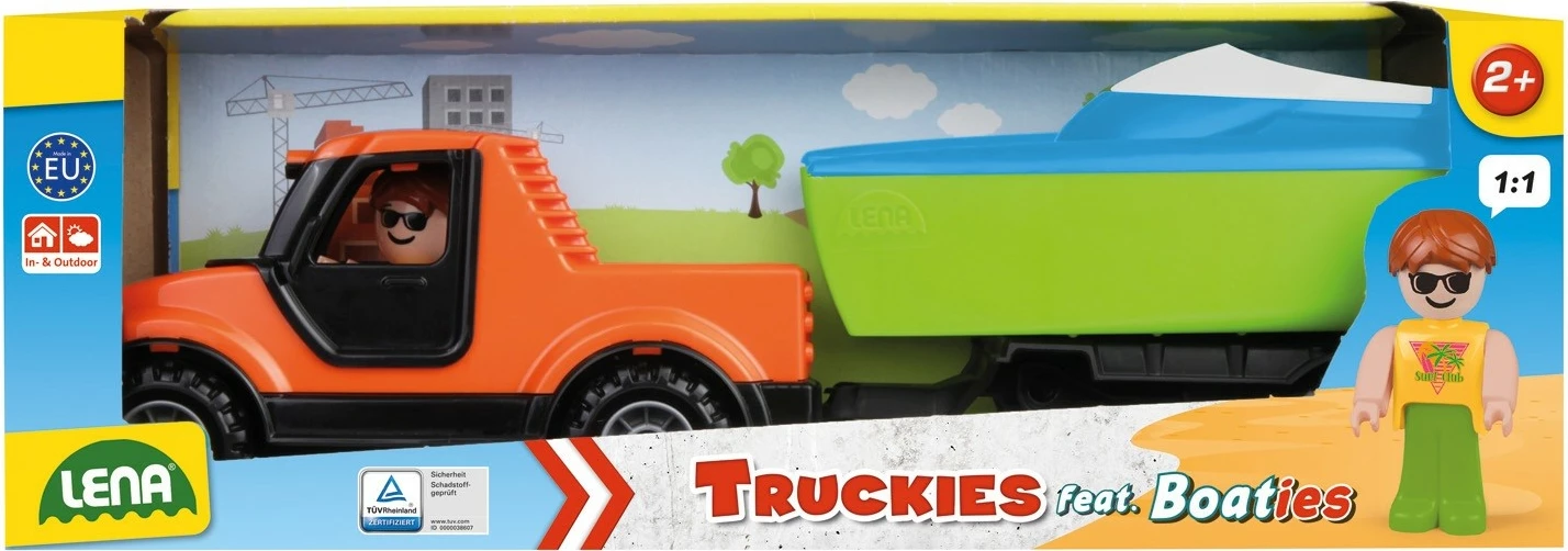 Set lodrash kamionçinë me rimorkio dhe varkë Lena Truckies, shumëngjyrëshe