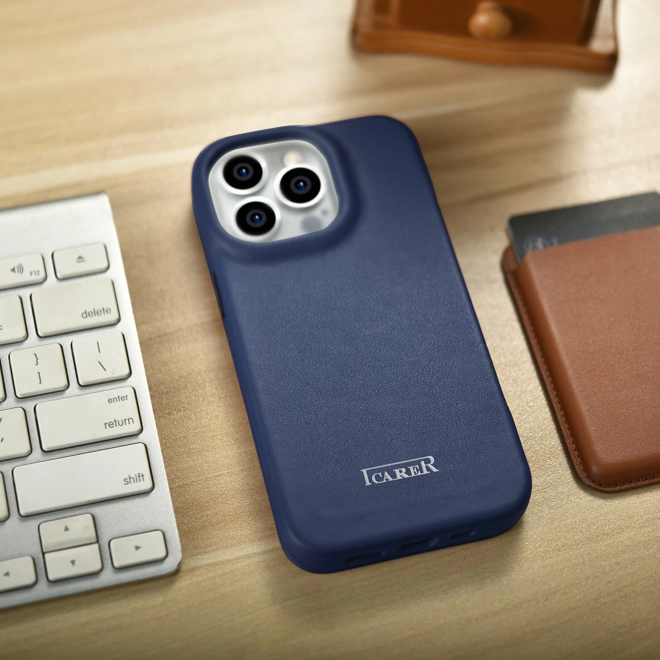 Mbështjellës iCarer CE Premium lëkurë folio për iPhone 14 Pro, MagSafe, Blu