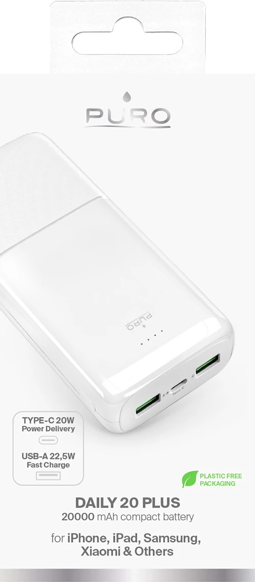 Powerbank Puro DAILY 20 PLUS 20000mAh, 2x USB-A, 1x USB-C, 22.5W, e bardhë