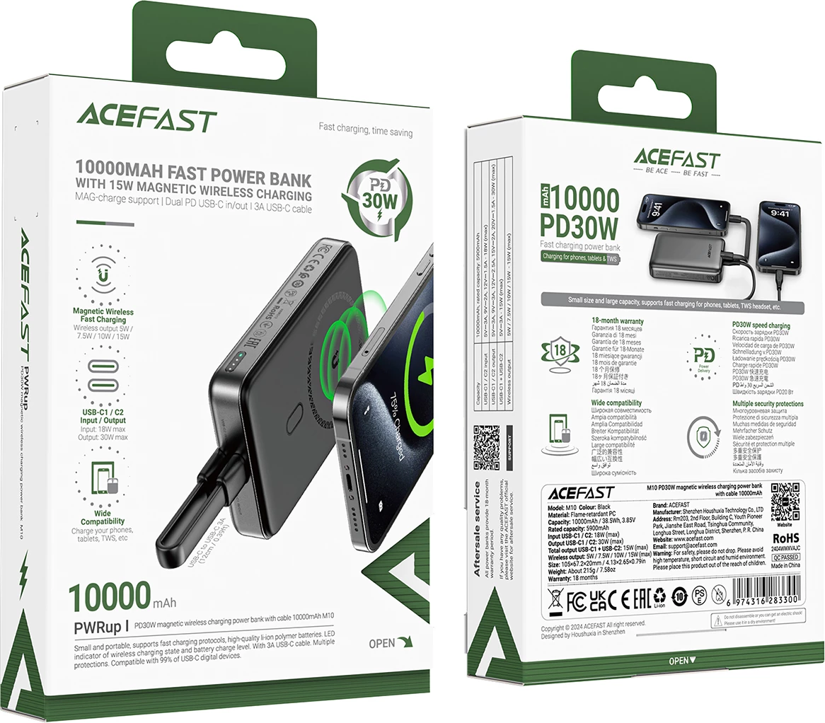 Powerbank Acefast M10, 10000 mAh, 2x USB-C PD 30W, karikim me valë 15W, me kabllo, e zezë