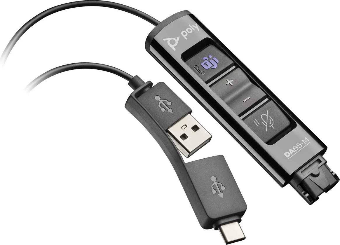 Adapter Plantronics/Poly DA85-M (786C8AA) USB-A/USB-C në Quick Disconnect me kontrola thirrjeje e zezë