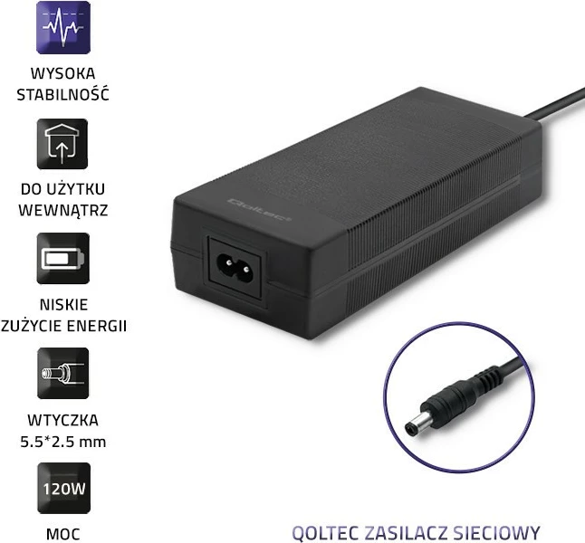 Furnizues energjie desktop Qoltec 50793, 72W, 24V, 3A, 5.5x2.5mm, me kabllo, zi