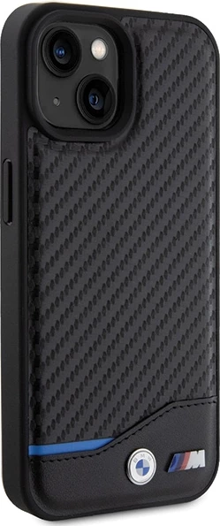 Mbështjellës BMW Leather Carbon për iPhone 15, i zi