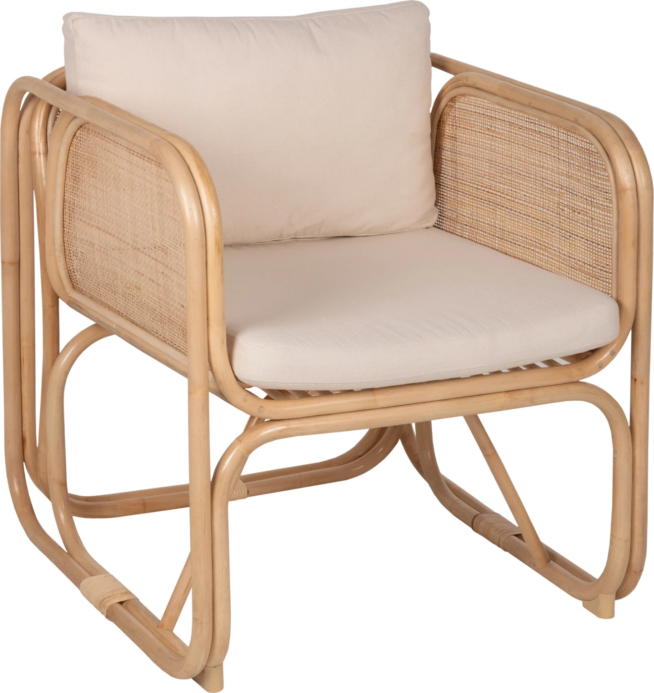 Karrige Wendy FH9816 prej ratanit, ngjyrë natyrale e lëmuar - jastëkë të bardhë, 73x72x84H cm