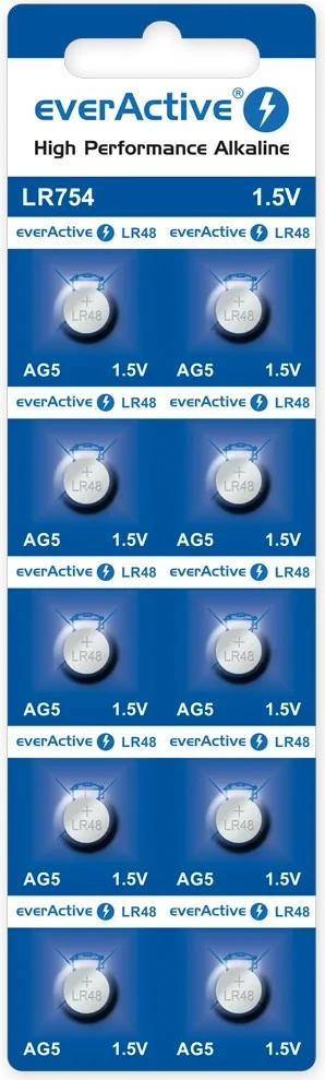Bateri alkaline mini everActive AG5/G5/LR754/LR48, 1.5V, paketë 10 copë