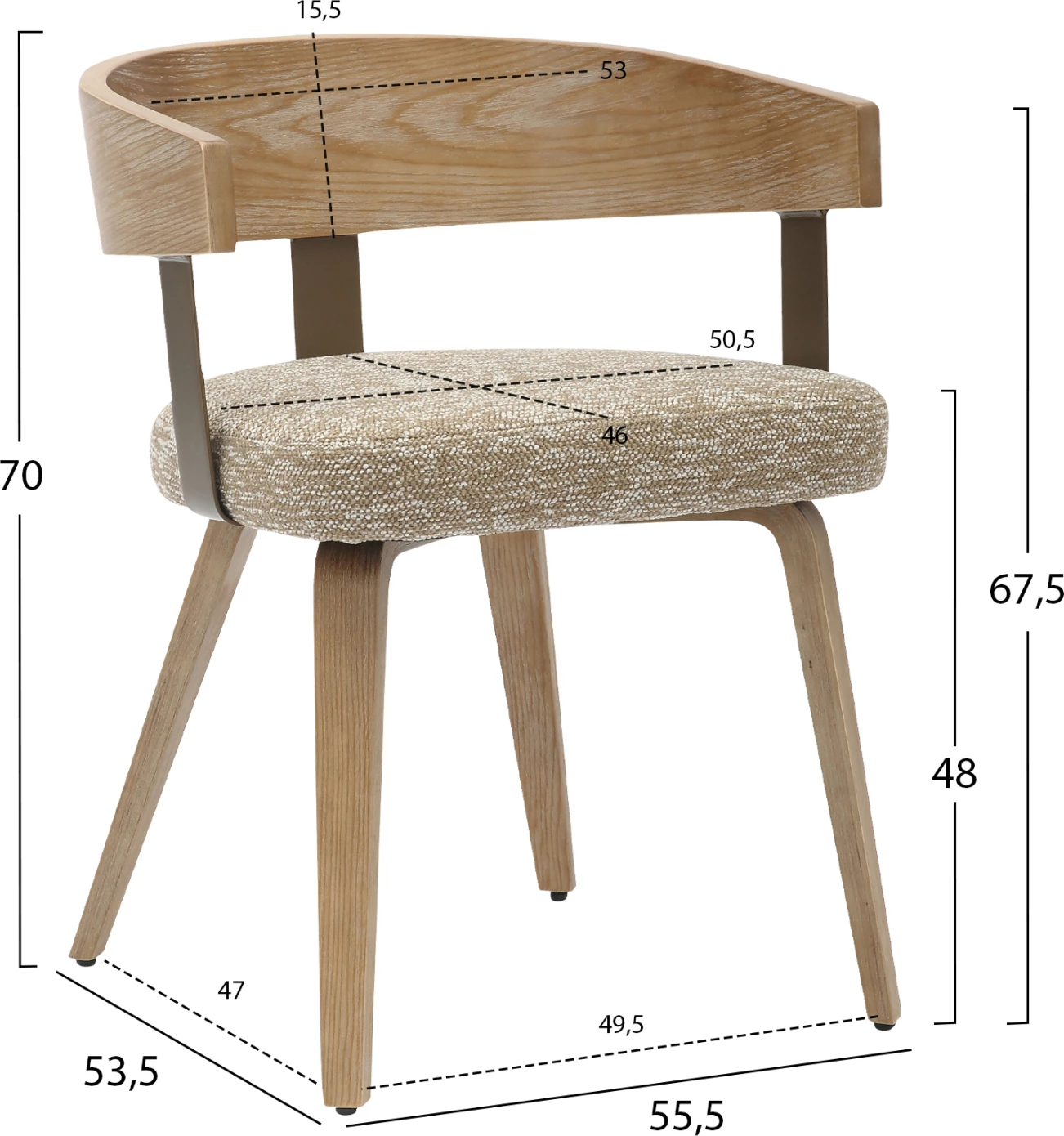 Karrige për ngrënie GALLEY FH9981.01, kornizë dhe këmbë prej druri, pëlhurë bezhë, 55,5x53,5x70H cm, set prej 2 copë