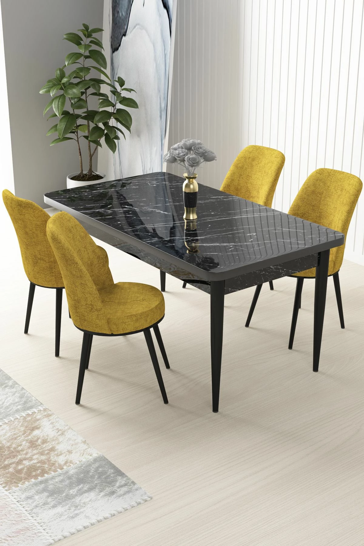 Tavolinë me karrige, 5 copë, Skye Decor, mermer i zi, mustard