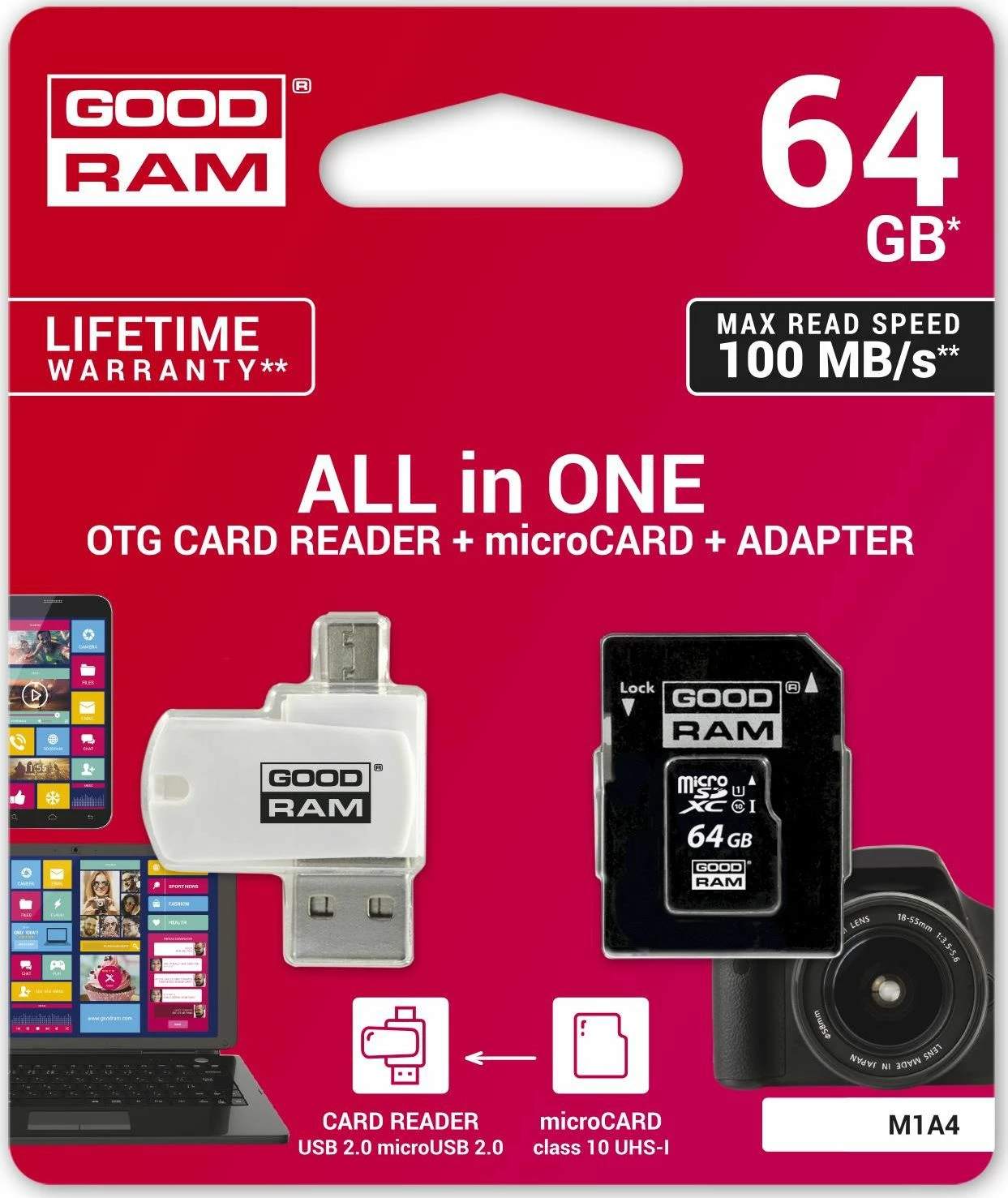 Kartë memorje MicroSDXC GoodRam All in One M1A4-0640R12 64GB Class 10 UHS-I/U1 me adapter dhe lexues USB 2.0/micro USB